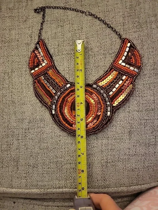 Ethnic Beaded Bib Collar Necklace Seedbeads Chains Sequins Handmade 80s - Picture 8 of 9